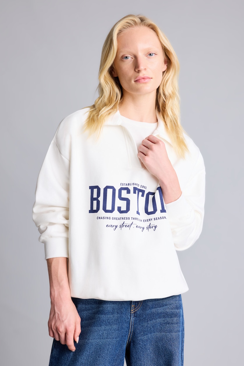 Kadın Ekru Relax Fit Polo Yaka Baskılı Sweatshirt