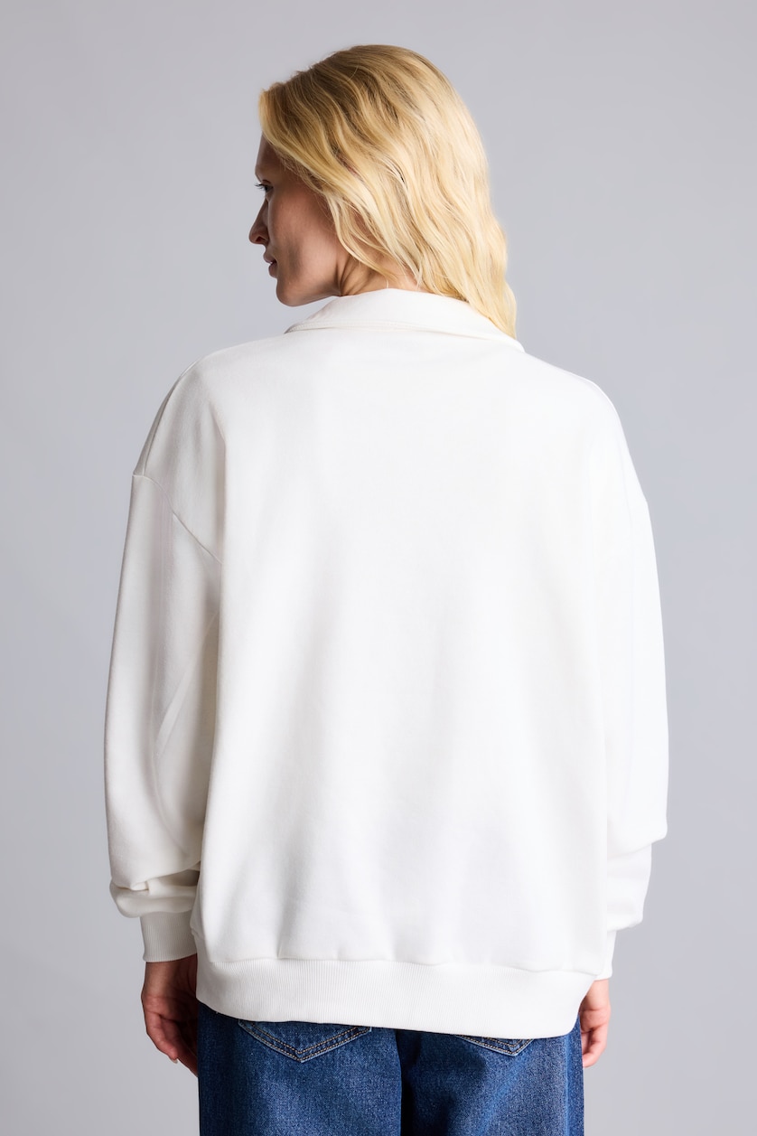 Kadın Ekru Relax Fit Polo Yaka Baskılı Sweatshirt