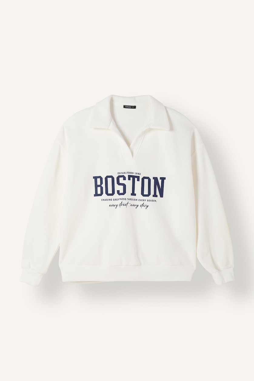 Kadın Ekru Relax Fit Polo Yaka Baskılı Sweatshirt