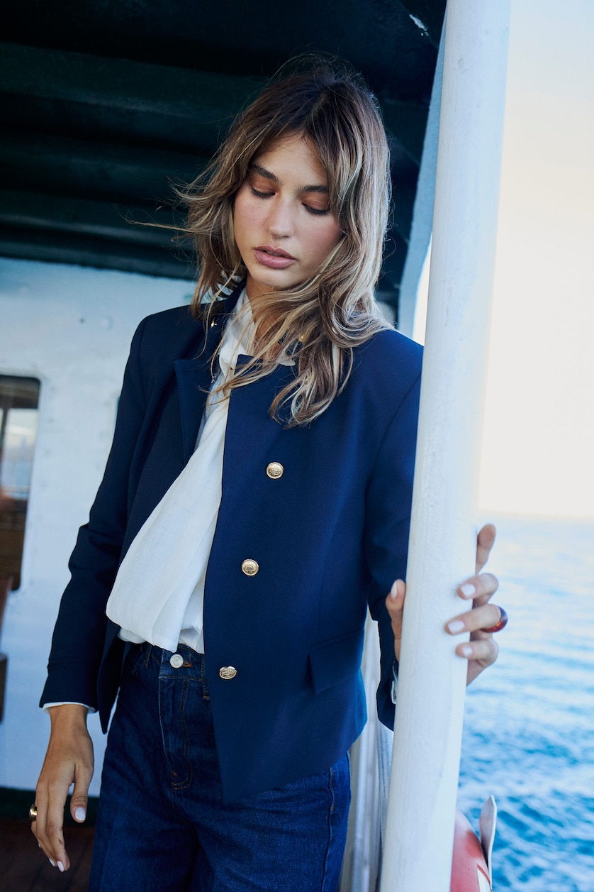 WOMAN NAVY Regular Fit Stand Collar Blazer