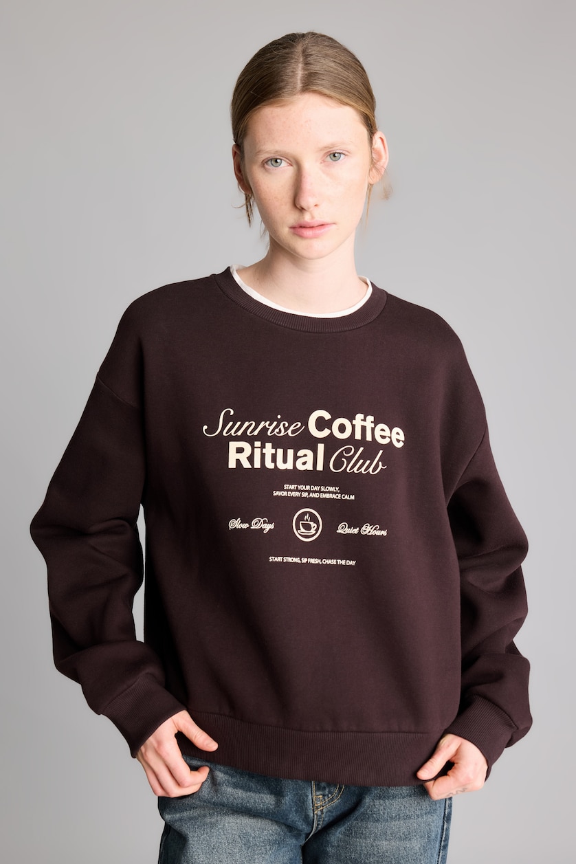 Kadın Kahve Relaxed Fit Baskılı Sweatshirt