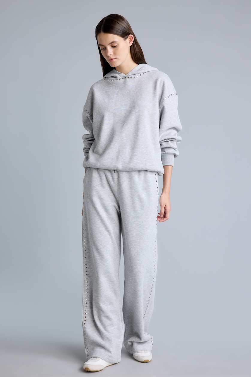 Woman Grey Melange Straight Fit Thick Sweatshirt Fabric Trousers