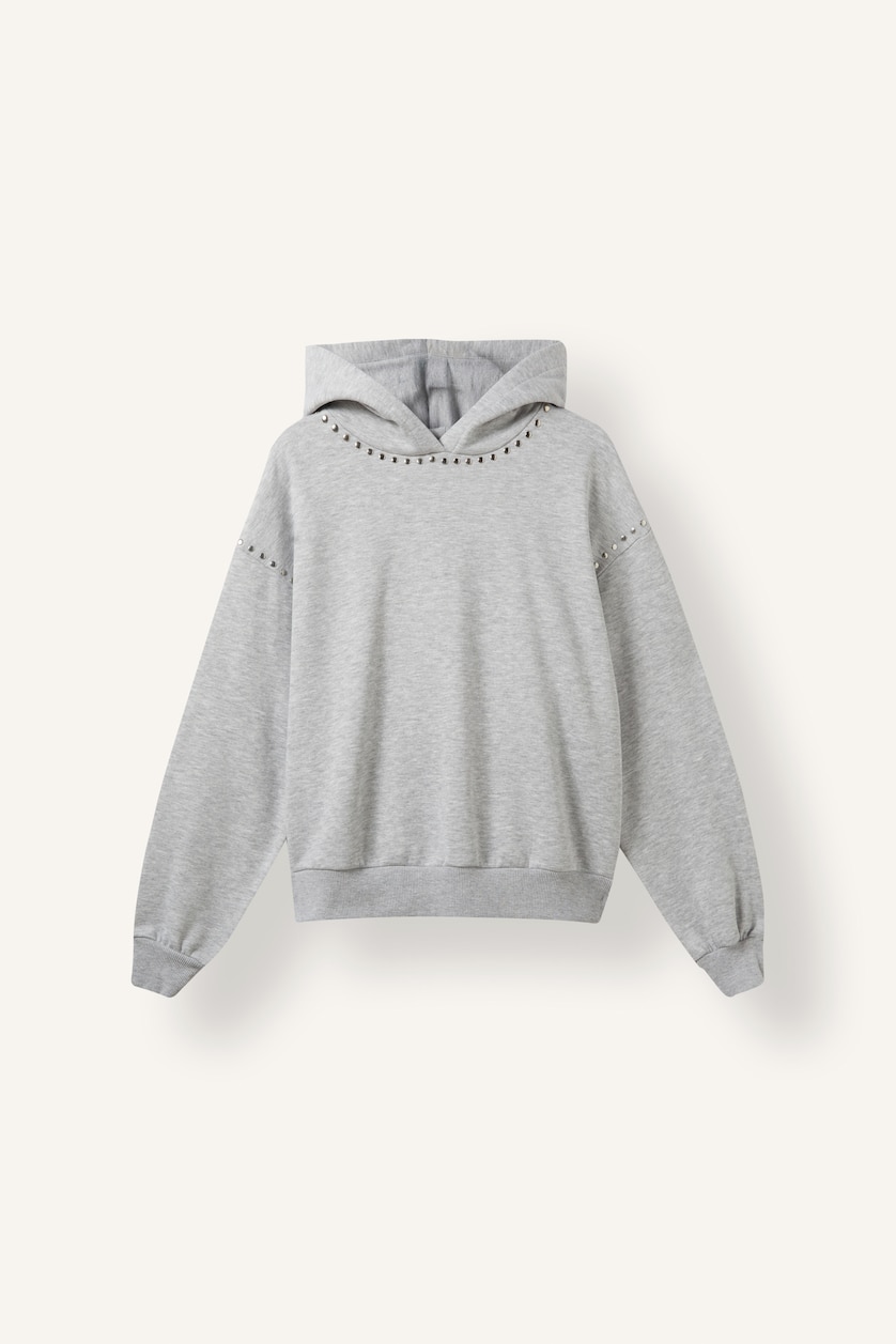 Kadın Gri Melanj Boxy Fıt Kapüşonlu İşlemeli Sweatshirt