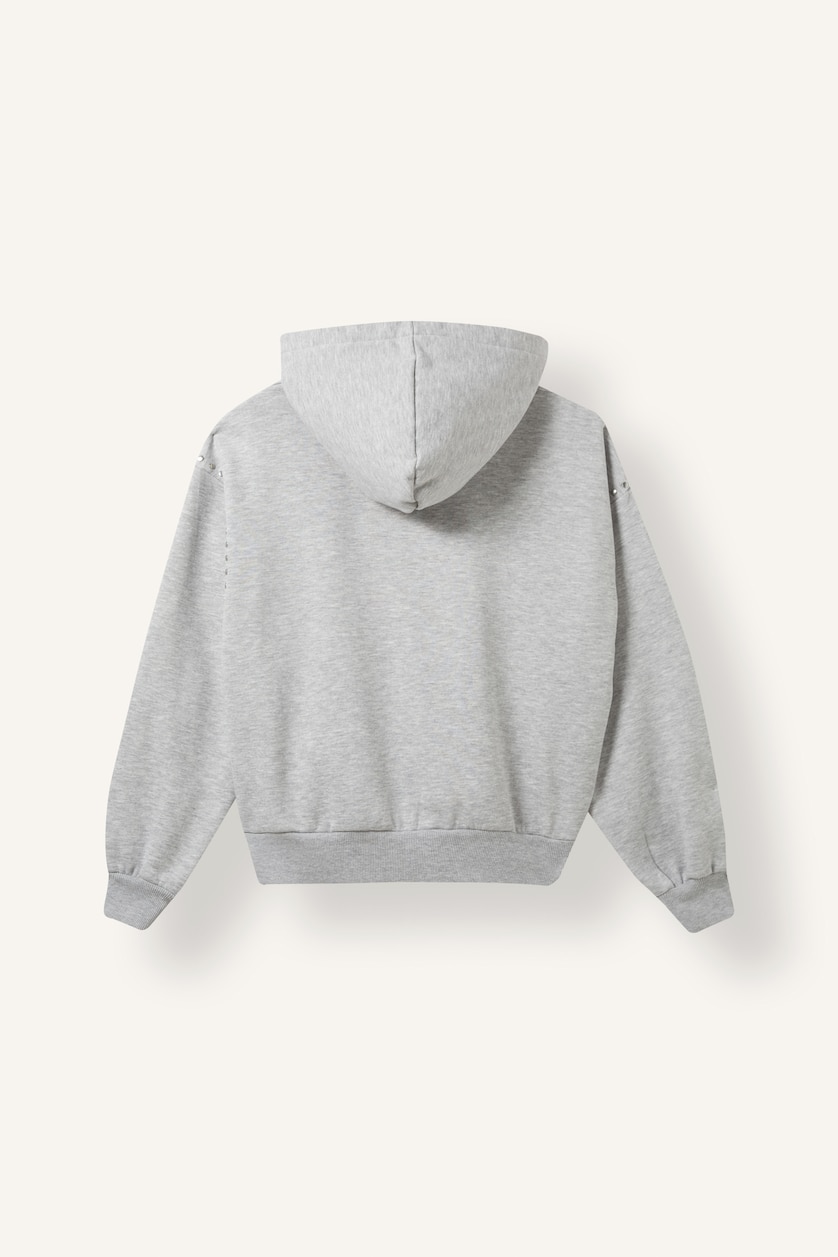 Kadın Gri Melanj Boxy Fıt Kapüşonlu İşlemeli Sweatshirt