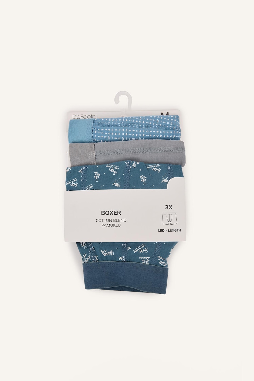 Erkek İndigo Regular Fit Desenli Beli Lastikli 3'lü Boxer