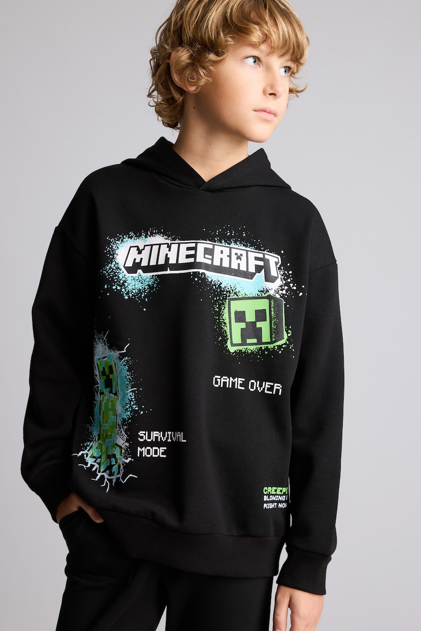 Young Boys - Teen Boys Black Regular Fit Minecraft Licensed Hooded Sweatshirt