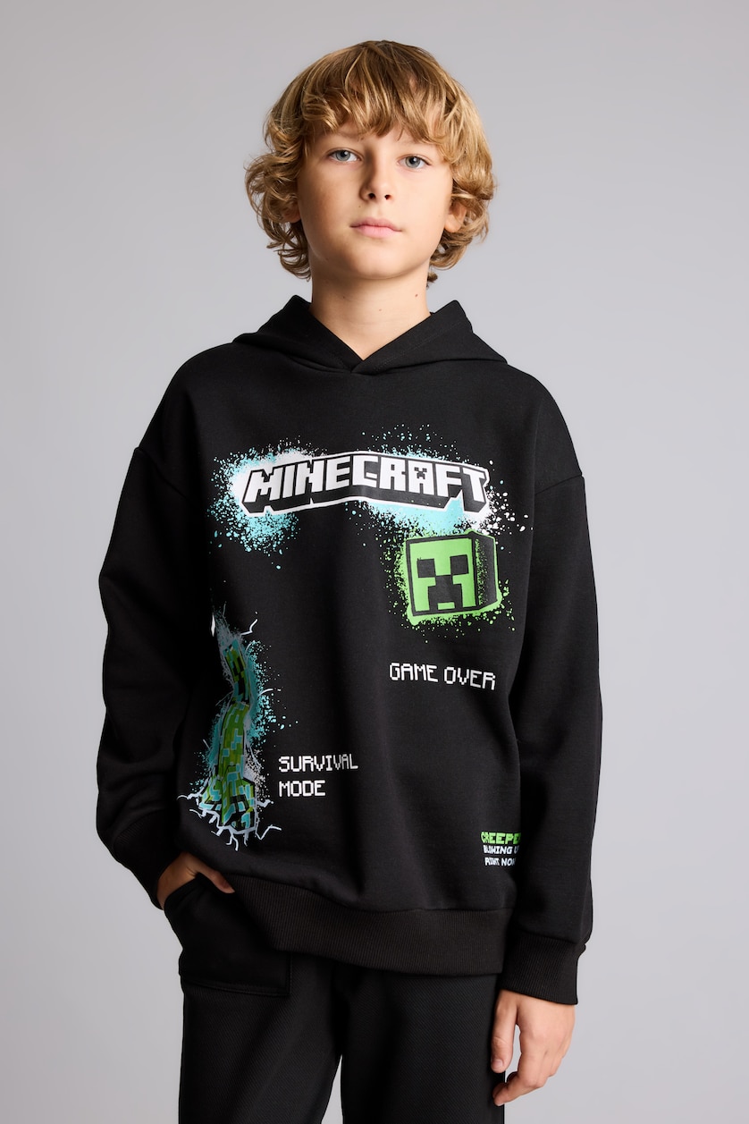 Young Boys - Teen Boys Black Regular Fit Minecraft Licensed Hooded Sweatshirt