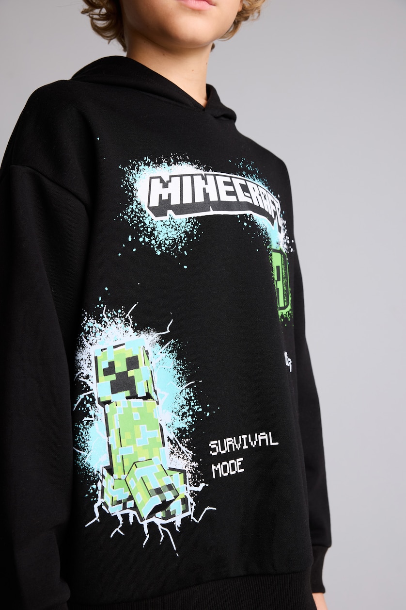 Young Boys - Teen Boys Black Regular Fit Minecraft Licensed Hooded Sweatshirt