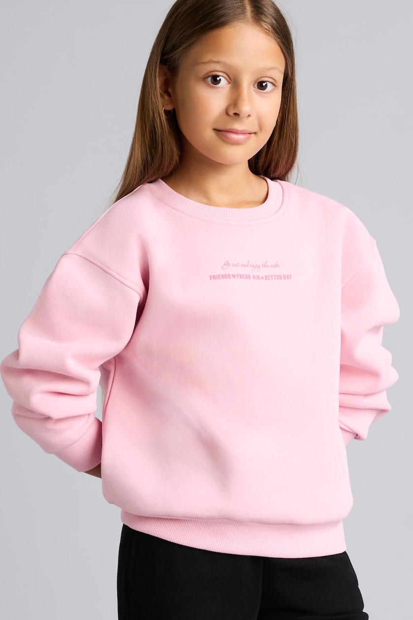 Kız Çocuk - Genç Kız Pembe Baskılı Bisiklet Yaka Sweatshirt Kız Çocuk
