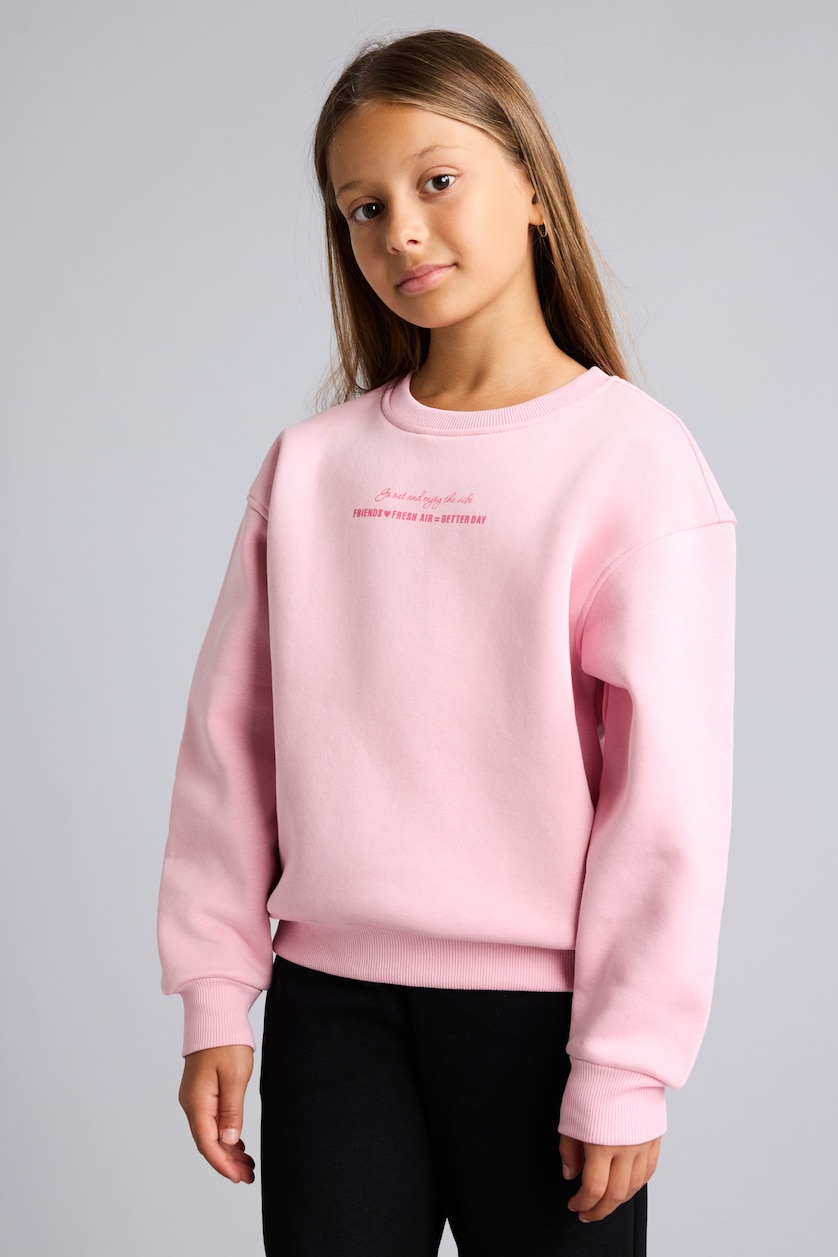 Kız Çocuk - Genç Kız Pembe Baskılı Bisiklet Yaka Sweatshirt Kız Çocuk