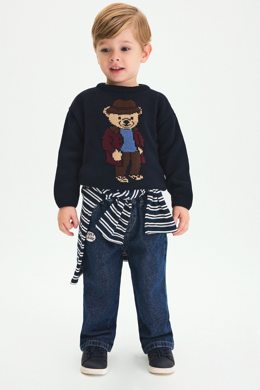 BÉBÉ GARÇON Bleu Foncé Jean 100% coton ample à taille élastique avec écusson pour bébé garçon
