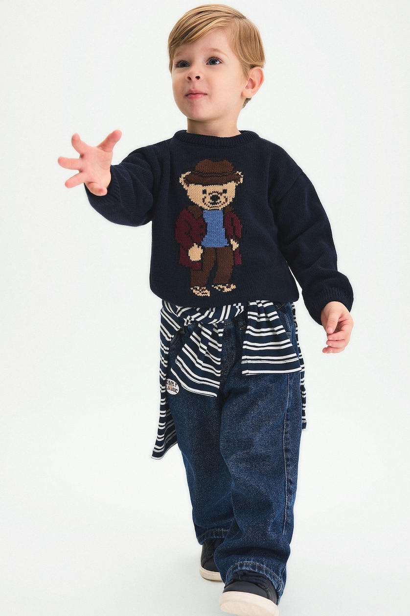 BÉBÉ GARÇON Bleu Foncé Jean 100% coton ample à taille élastique avec écusson pour bébé garçon