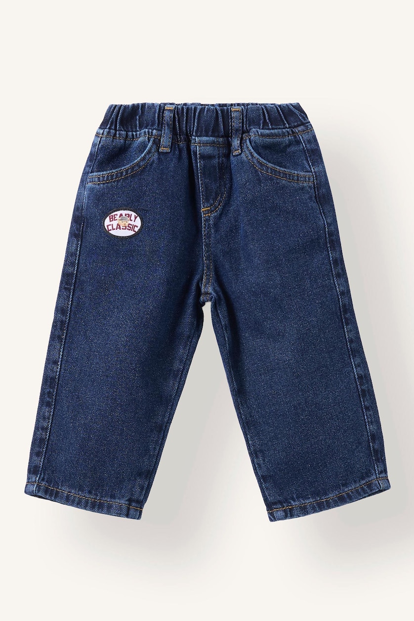 BÉBÉ GARÇON Bleu Foncé Jean 100% coton ample à taille élastique avec écusson pour bébé garçon