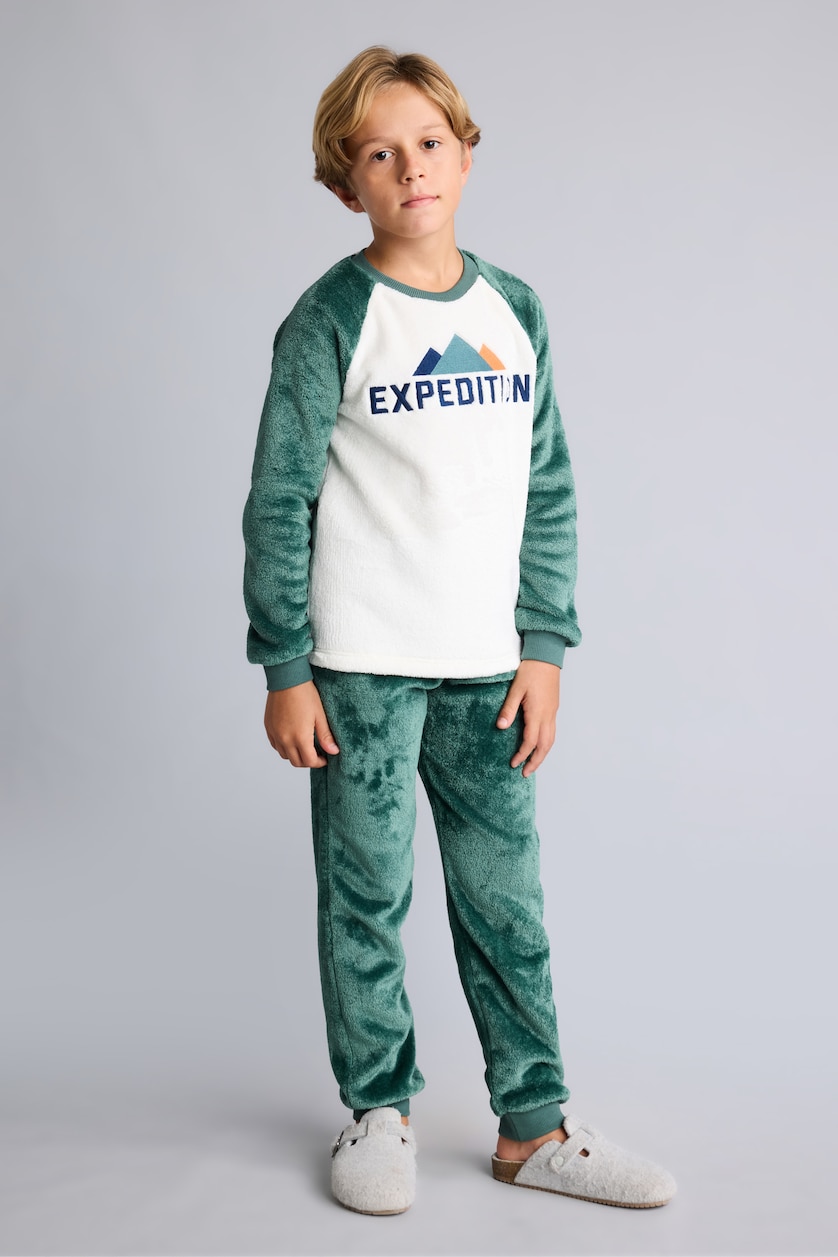 BOYS & TEENS Green Boy Plush Printed Raglan Sleeve Top and Trousers Pyjama Set