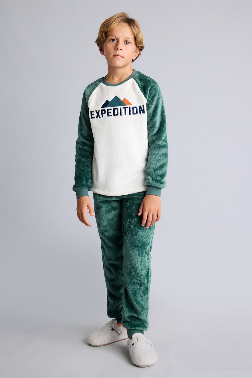 BOYS & TEENS Green Boy Plush Printed Raglan Sleeve Top and Trousers Pyjama Set