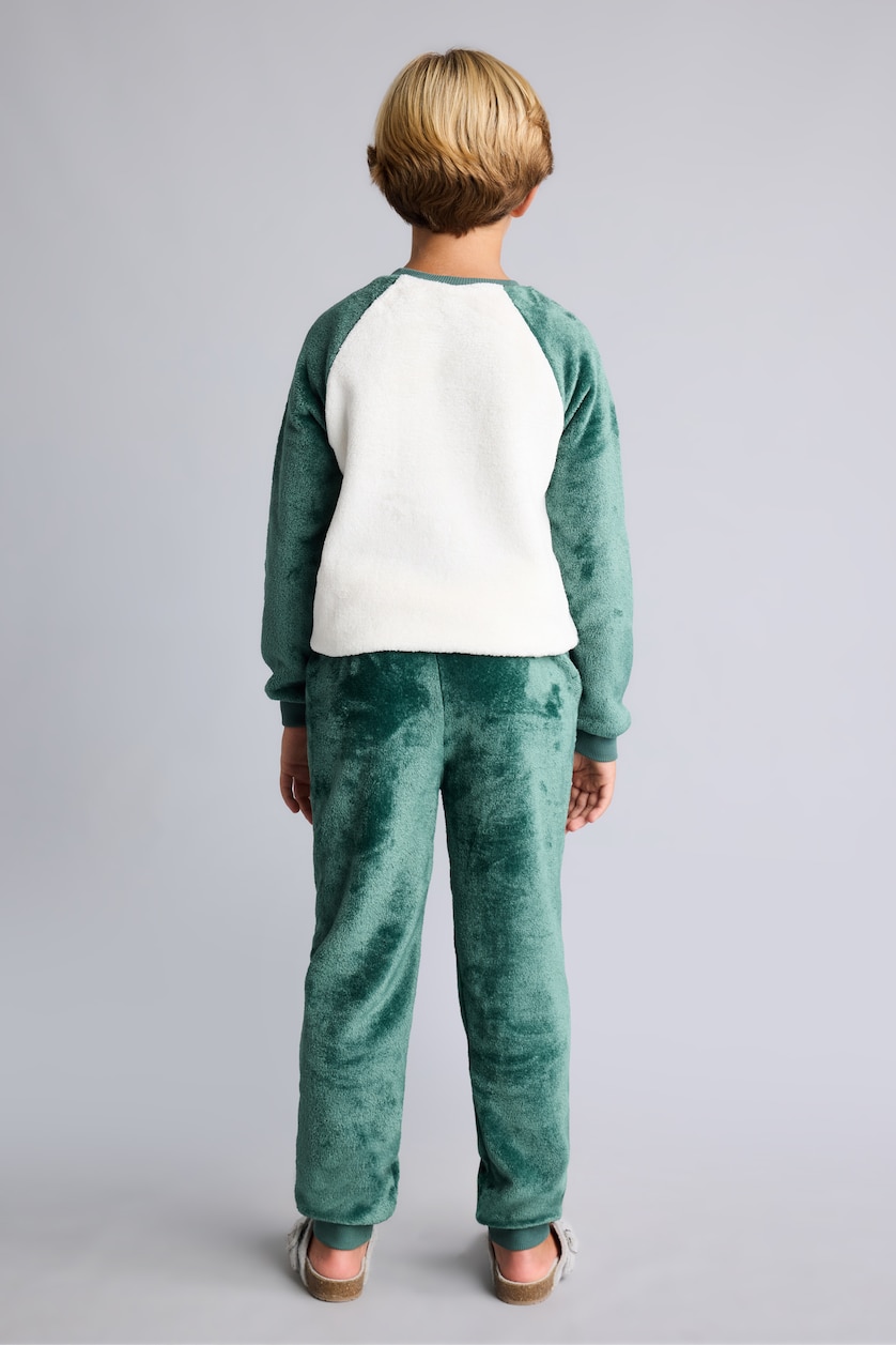 BOYS & TEENS Green Boy Plush Printed Raglan Sleeve Top and Trousers Pyjama Set