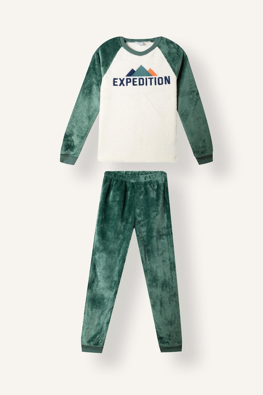 BOYS & TEENS Green Boy Plush Printed Raglan Sleeve Top and Trousers Pyjama Set