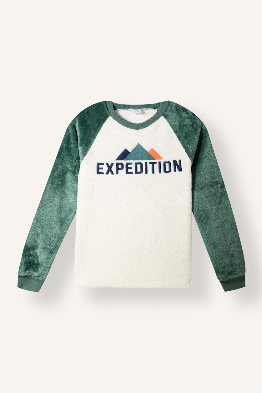 BOYS & TEENS Green Boy Plush Printed Raglan Sleeve Top and Trousers Pyjama Set