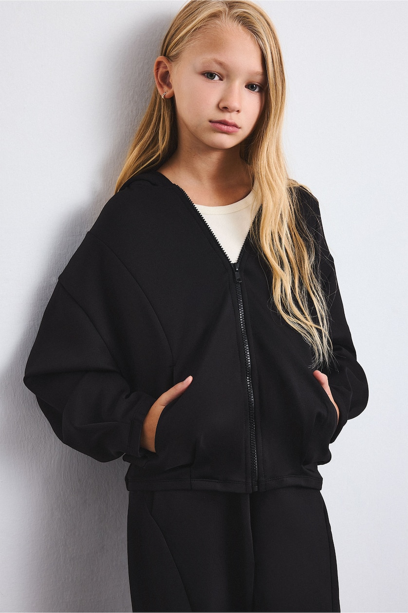 Young Girls - Teen Girls Black Oversize Fit Hooded Cardigan