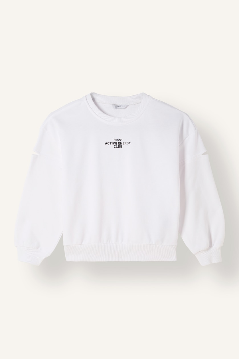 Kız Çocuk - Genç Kız Beyaz Relaxed Fit Kol Kesikli Sweatshirt Kız Çocuk