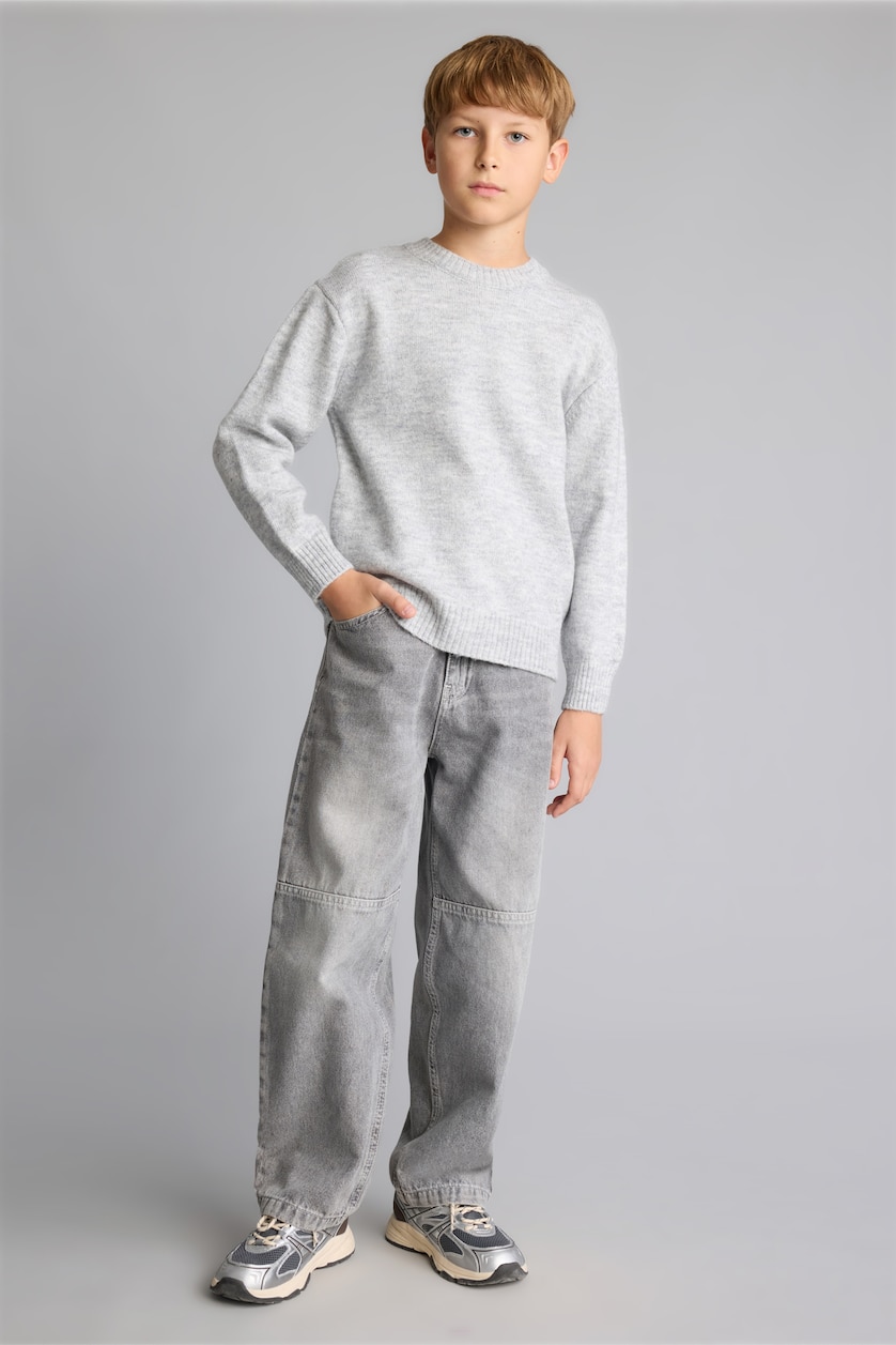 Erkek Çocuk - Genç Erkek Gri Melanj Oversize Triko Basic Kazak Erkek Çocuk