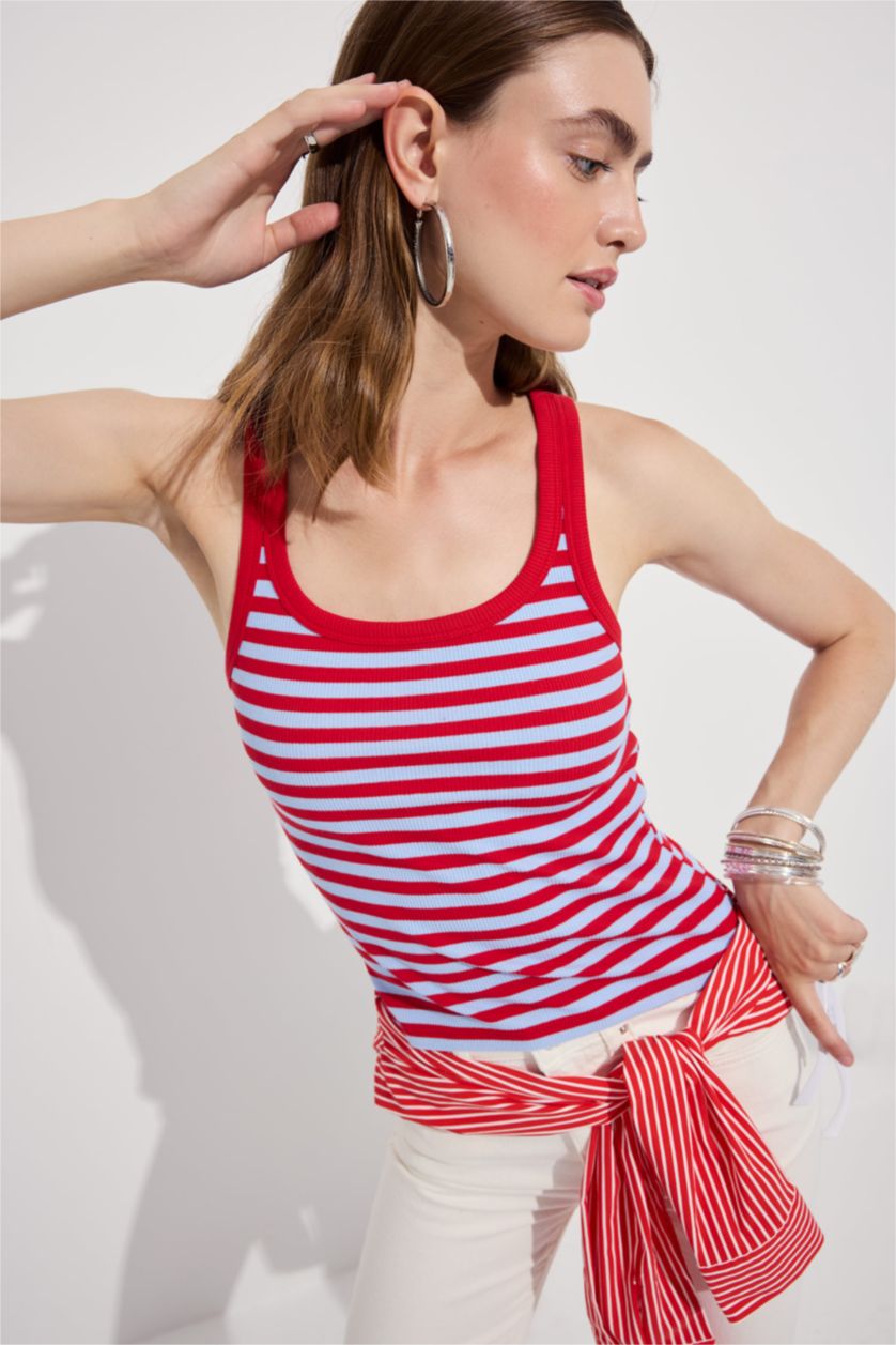 Kadın Kırmızı Pamuklu Relaxed Fit Fitilli Atlet
