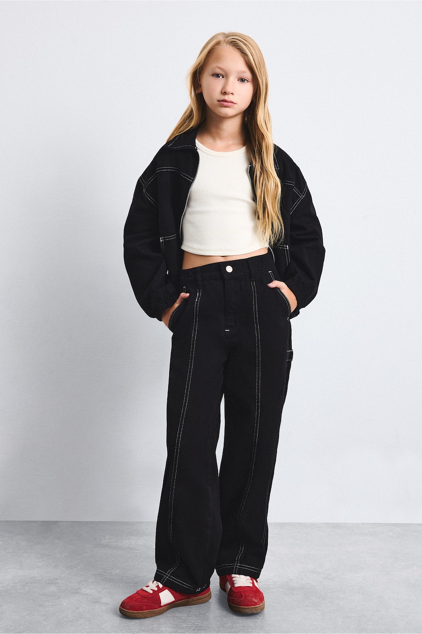 Kız Çocuk - Genç Kız Siyah Barrel Fit Gabardın Pantolon