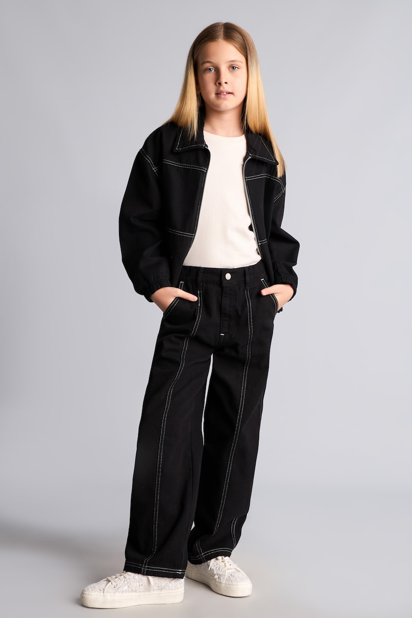 FILLES Noir Pantalon en gabardine 100% coton Coupe barrel pour fille