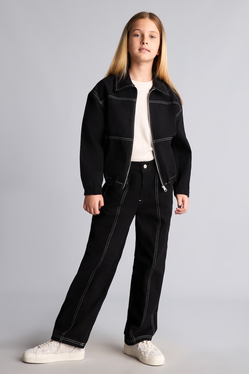 FILLES Noir Pantalon en gabardine 100% coton Coupe barrel pour fille