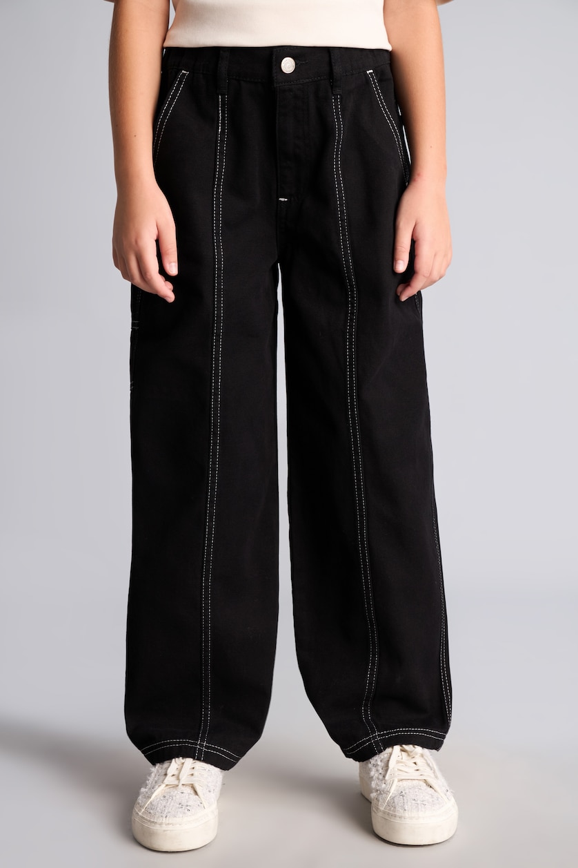 FILLES Noir Pantalon en gabardine 100% coton Coupe barrel pour fille
