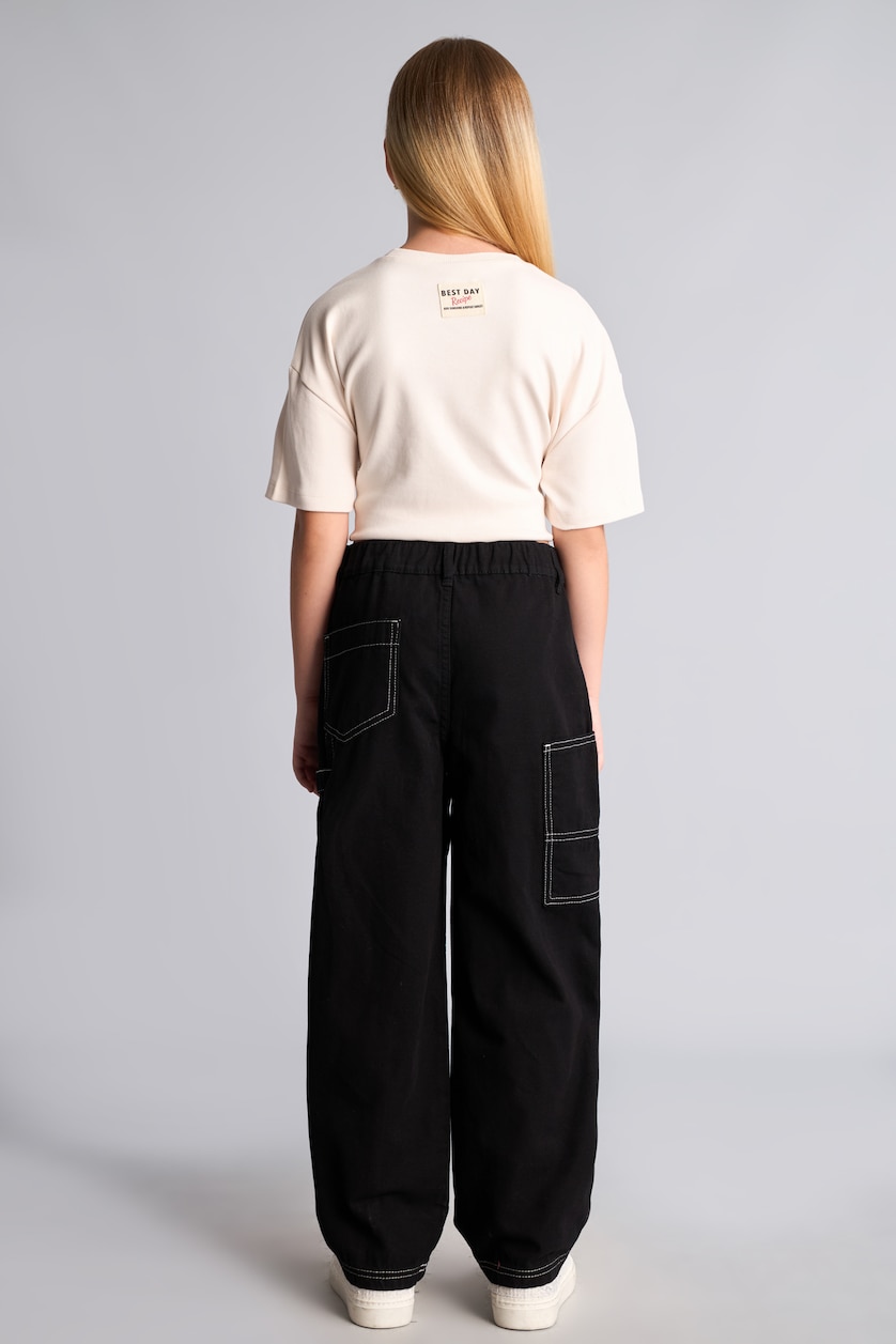 FILLES Noir Pantalon en gabardine 100% coton Coupe barrel pour fille