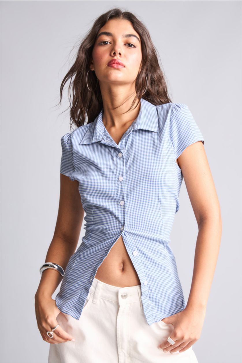 Women Blue Slim Fit Short Sleeve Shirt