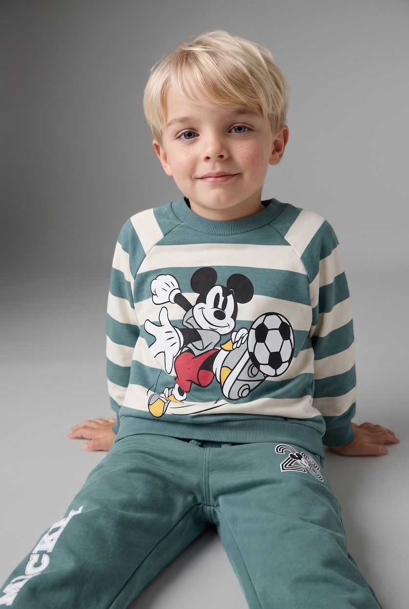Erkek Bebek Yeşil %100 Pamuk 2'li Eşofman Takımı Mickey Baskılı Erkek Bebek