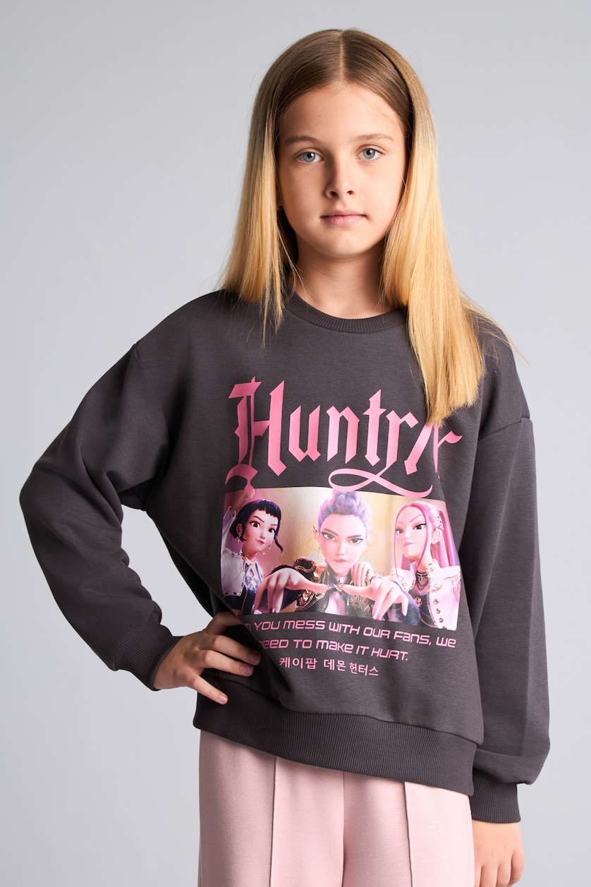 Kız Çocuk - Genç Kız Antrasit Kpop - Demon Hunters Relaxed Fit Sweatshirt Kız Çocuk