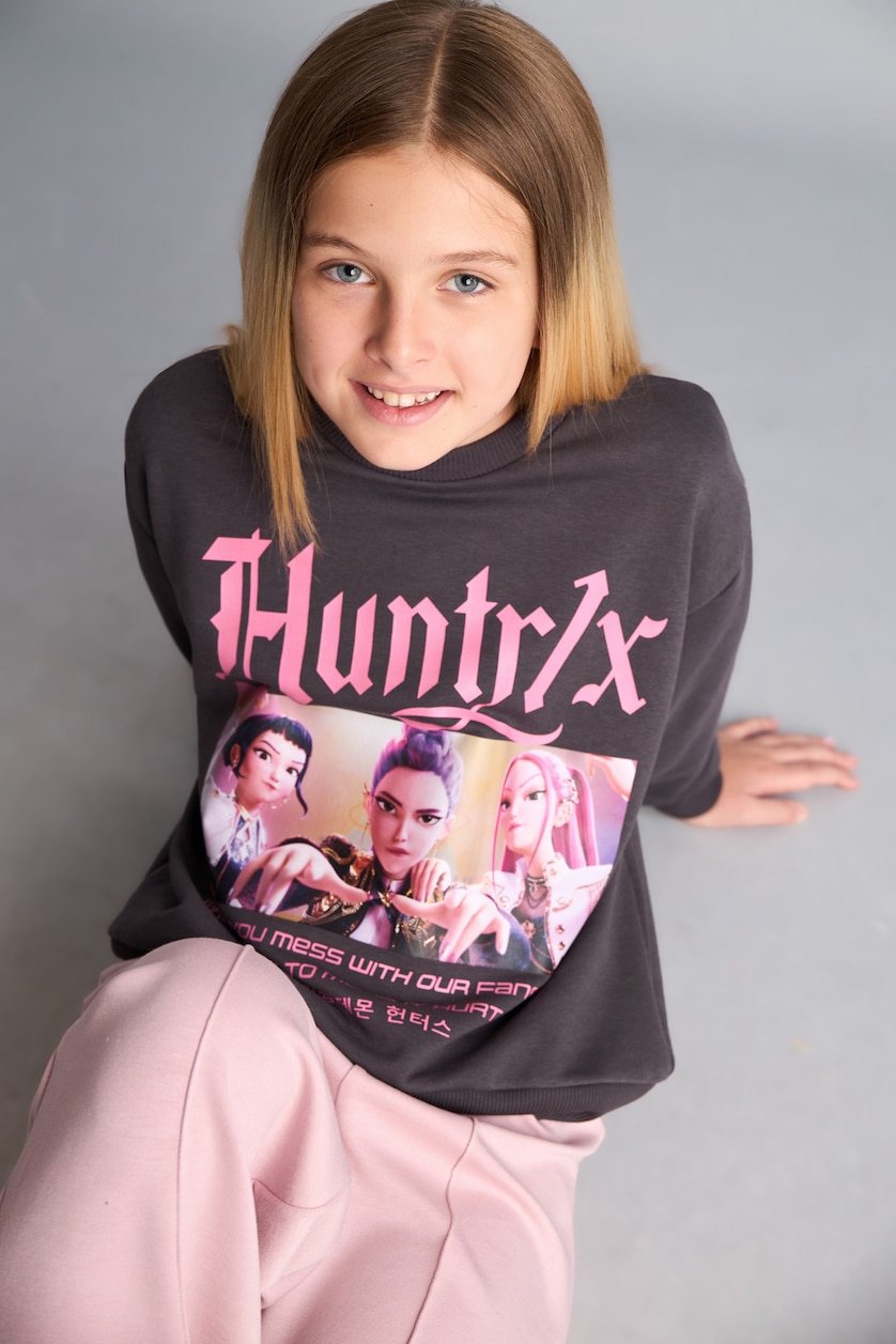 Kız Çocuk - Genç Kız Antrasit Kpop - Demon Hunters Relaxed Fit Sweatshirt Kız Çocuk