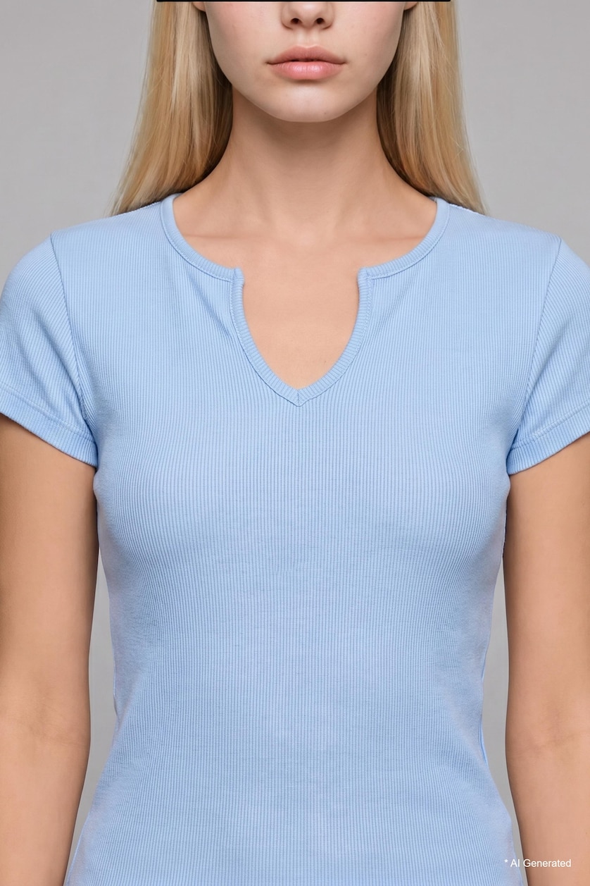 Women Light Blue Fitted Fit Light Blue Basic Short Sleeve T-Shirt