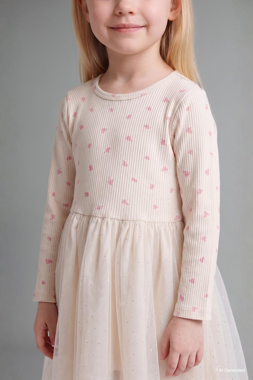 BABY GIRL Ecru Baby Girl Cotton Embroidered Long Sleeve Ribbed Dress