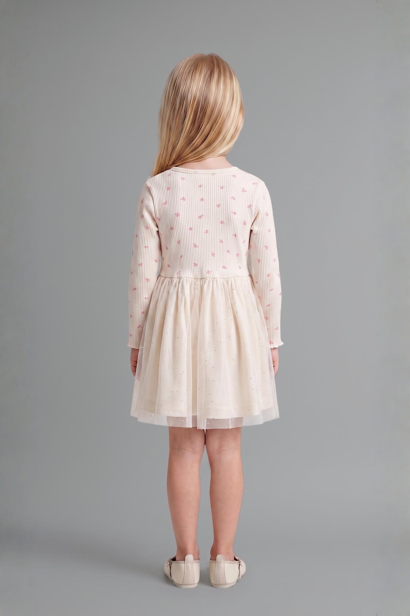 BABY GIRL Ecru Baby Girl Cotton Embroidered Long Sleeve Ribbed Dress