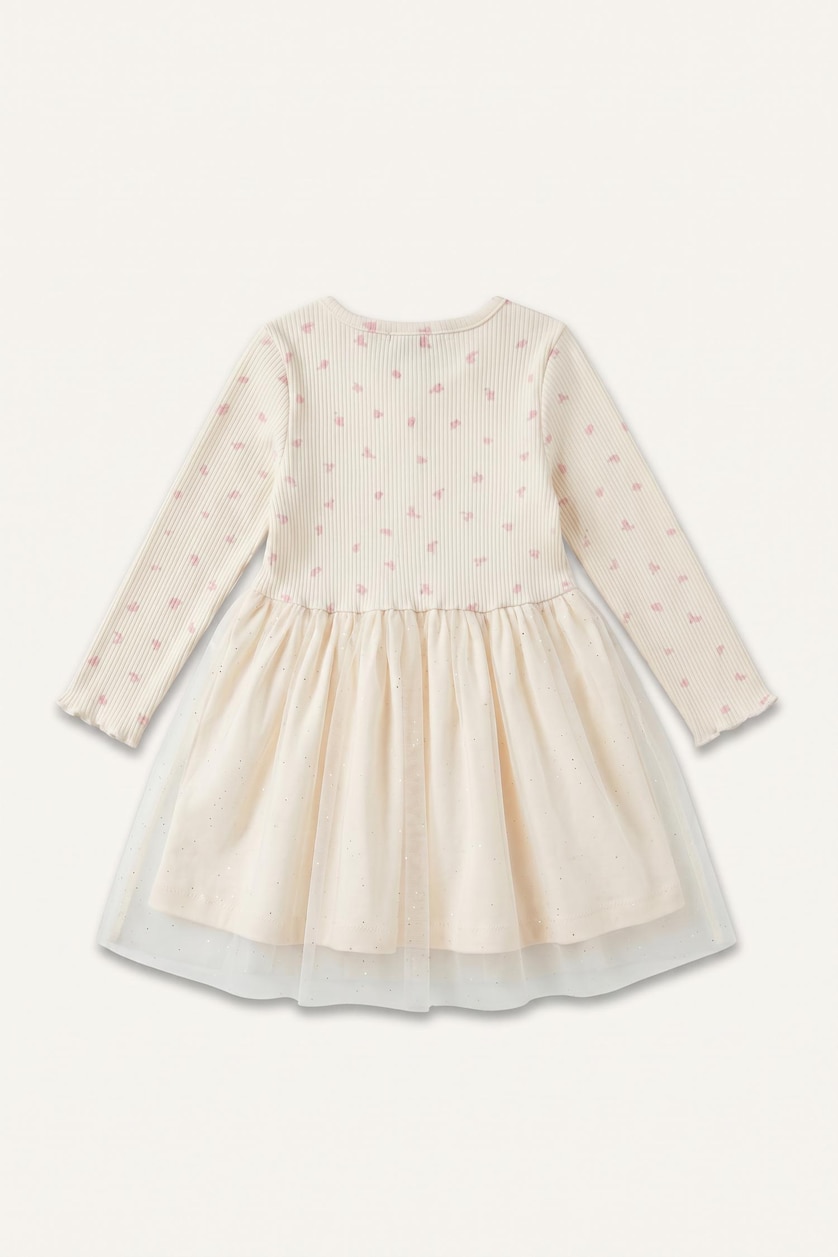 BABY GIRL Ecru Baby Girl Cotton Embroidered Long Sleeve Ribbed Dress