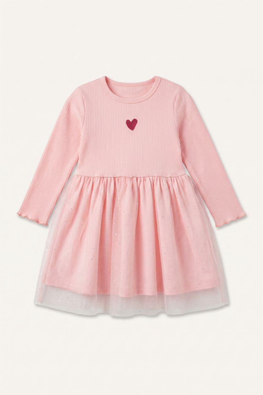 Kız Bebek Açık Pembe Pamuklu İşlemeli Uzun Kollu Fitilli Elbise Kız Bebek