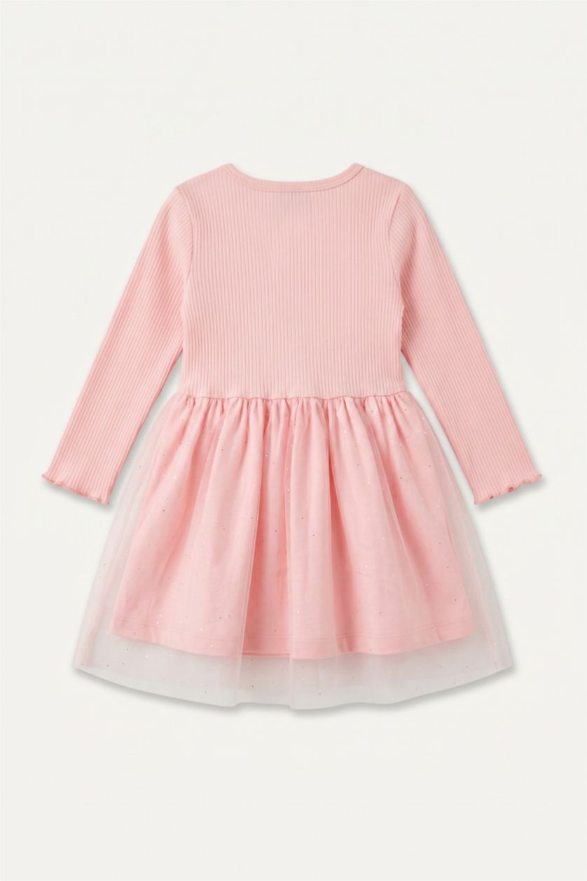 Kız Bebek Açık Pembe Pamuklu İşlemeli Uzun Kollu Fitilli Elbise Kız Bebek