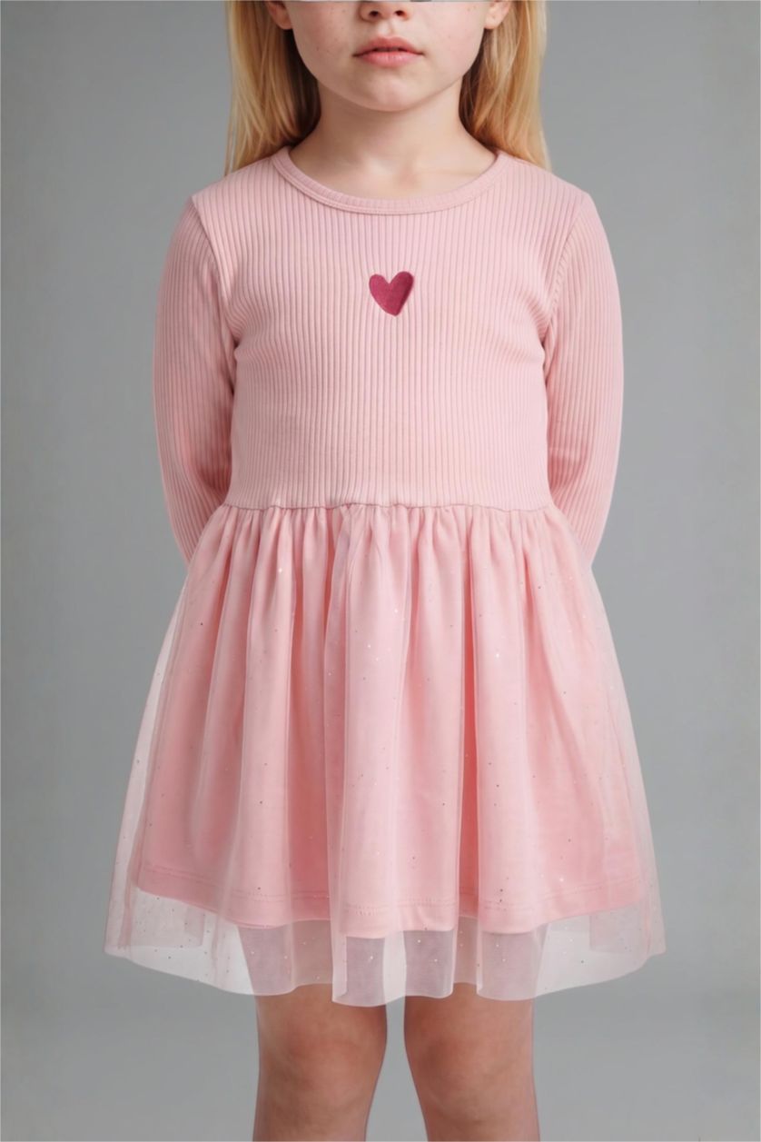 Kız Bebek Açık Pembe Pamuklu İşlemeli Uzun Kollu Fitilli Elbise Kız Bebek