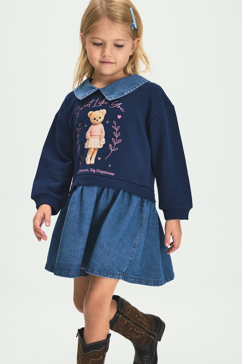 Baby Girls NAVY Baby Girl Long Sleeve Polo Collar Teddy Bear Printed Denim Dress