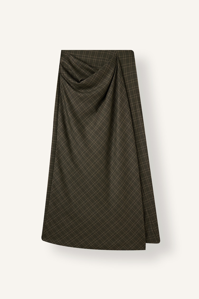 Kadın Koyu Haki Regular Fit Drape Detaylı Kareli Etek