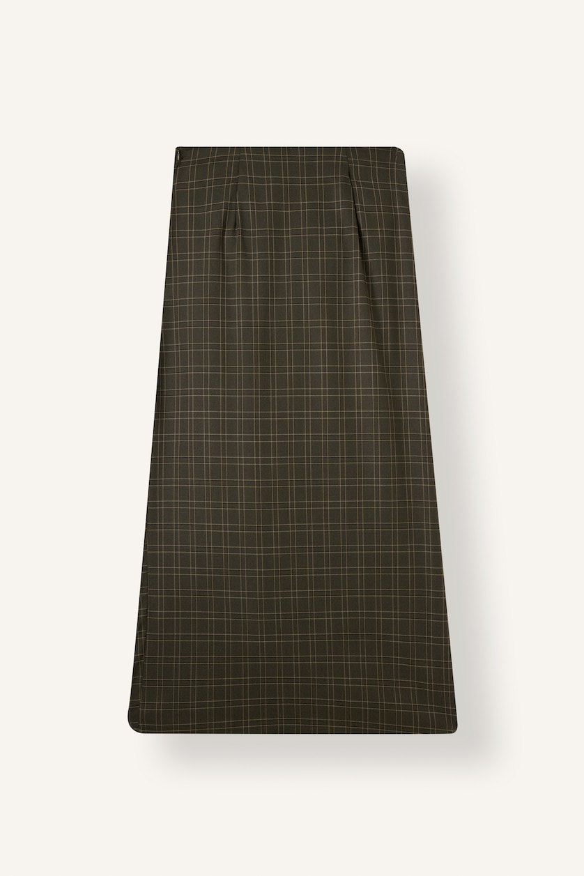Kadın Koyu Haki Regular Fit Drape Detaylı Kareli Etek