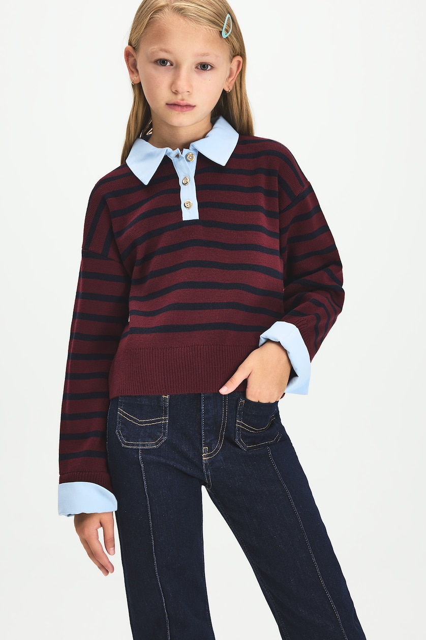 Young Girls - Teen Girls Bordeaux Girl Relax Fit Striped Polo Collar Pullover