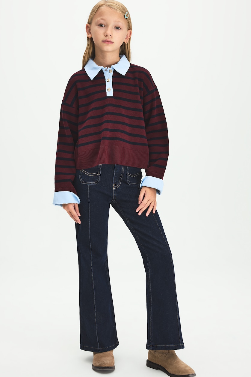 Young Girls - Teen Girls Bordeaux Girl Relax Fit Striped Polo Collar Pullover