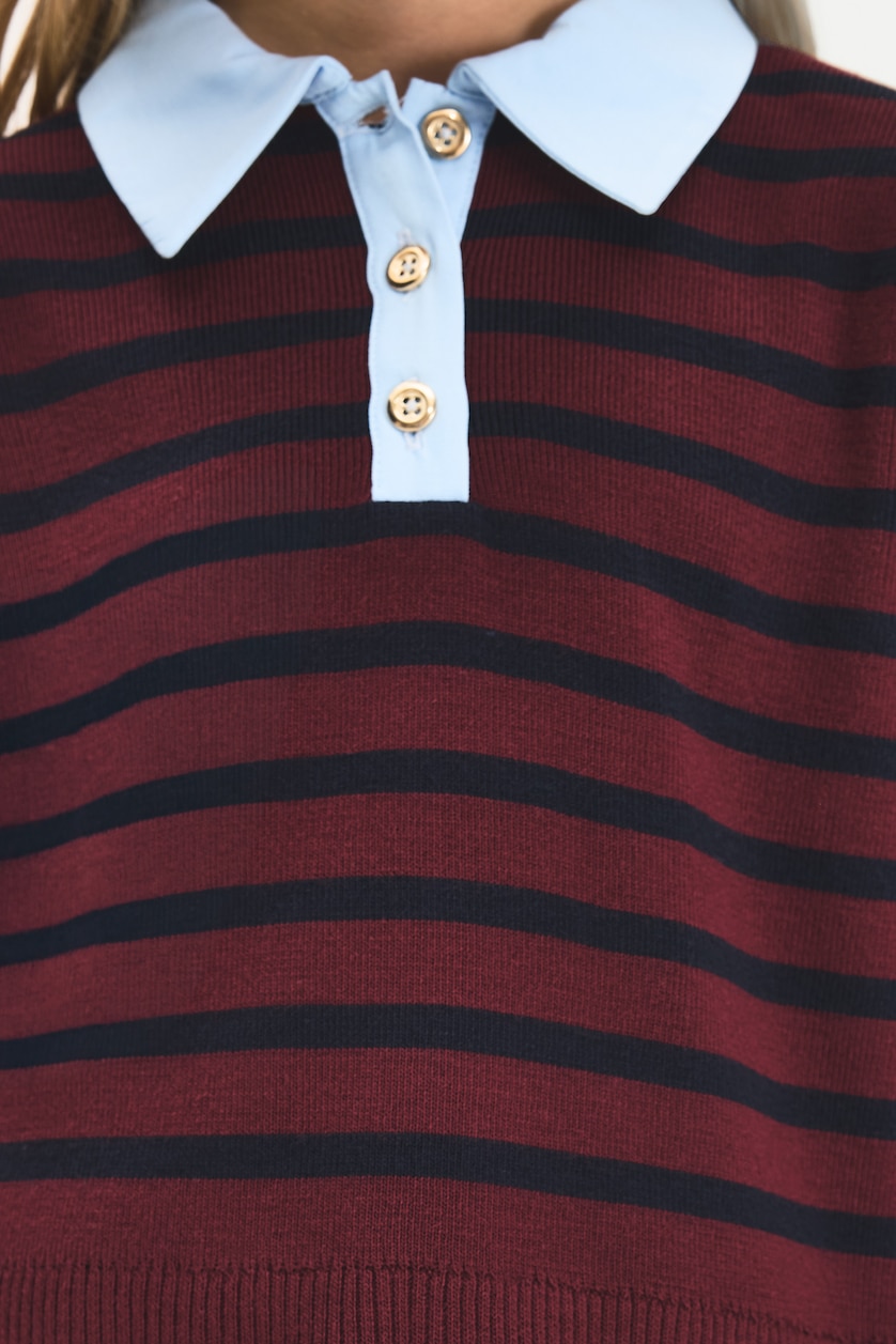 Young Girls - Teen Girls Bordeaux Girl Relax Fit Striped Polo Collar Pullover