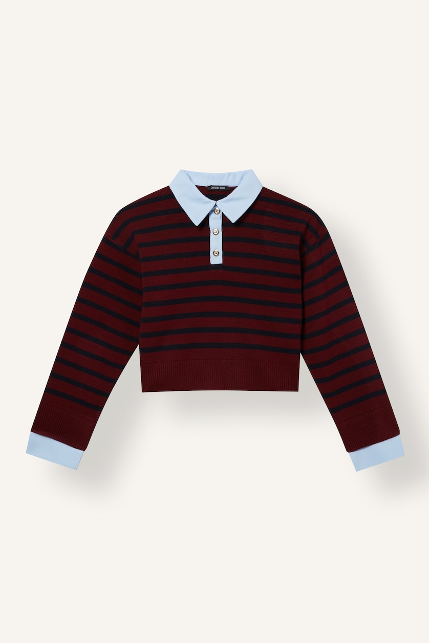 Young Girls - Teen Girls Bordeaux Girl Relax Fit Striped Polo Collar Pullover
