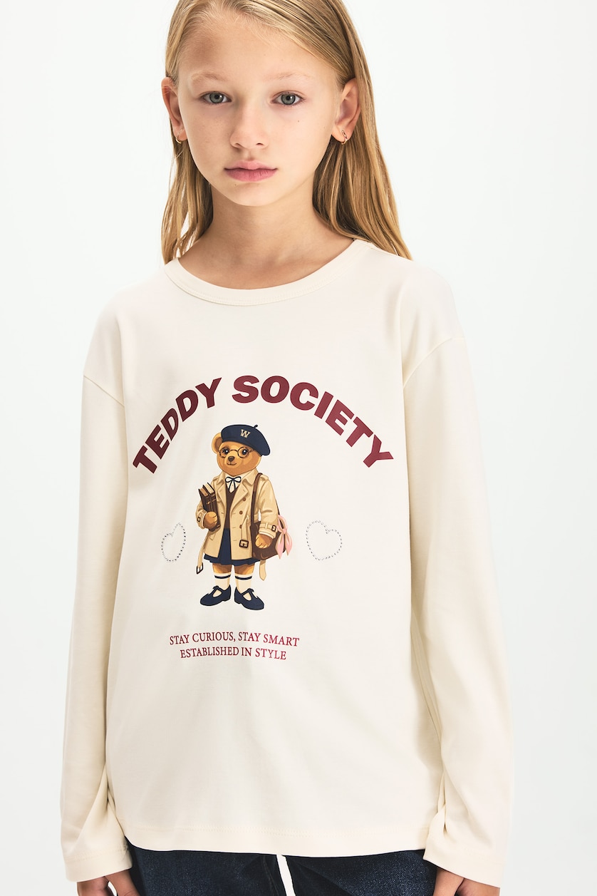GIRLS & TEENS Ecru Girl 100% Cotton Teddy Bear Print Crew Neck Long Sleeve T-Shirt